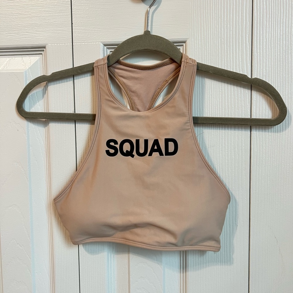Beige “squad” bikini top/sports bra